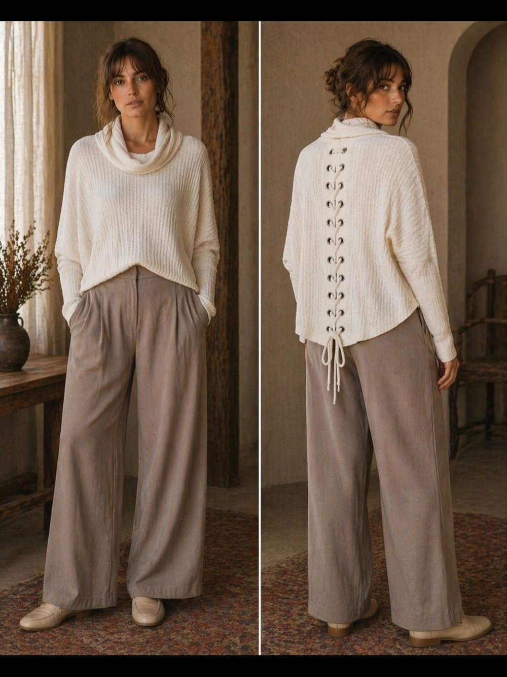 Cream Cowl Neck Sweater Lace Up Back Cozy Knit Relaxed Fit Top